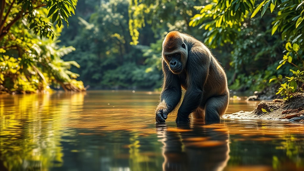 gorillas cautiously navigate water