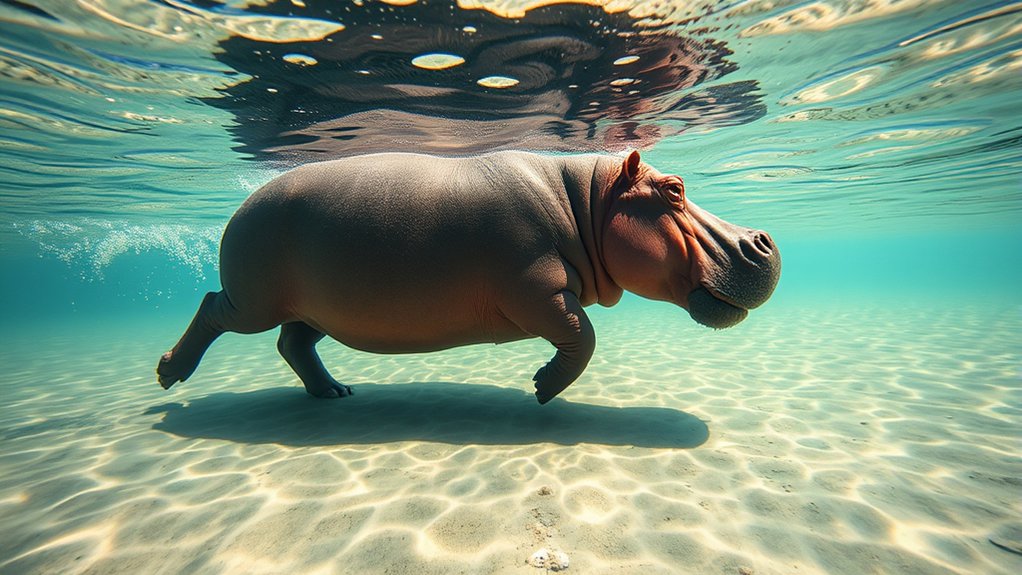 hippos walk submerged underwater